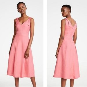 Ann Taylor Fit & Flare Linen Tie Shoulder Midi Dress Sleeveless Zipper Back Sz 4